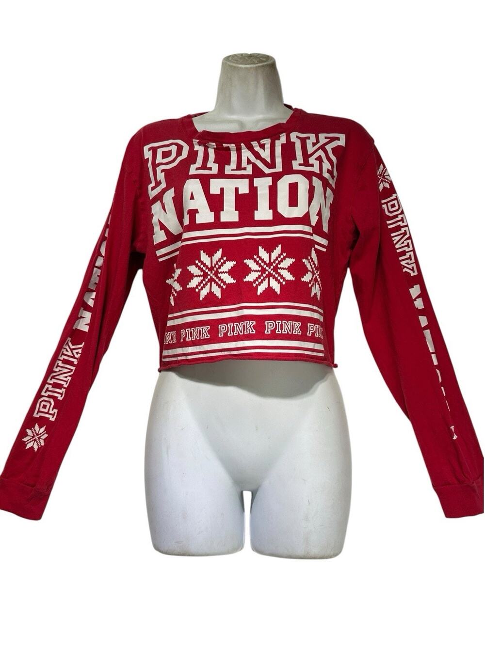 Victoria Secret Pink Nation Christmas Snowflake Cropped Long Sleeve Shirt M